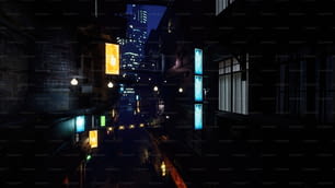 Una strada della città di notte con le luci accese