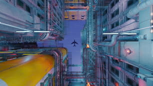 Un avion survole une grande zone industrielle