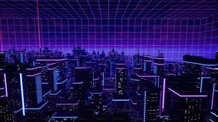 a futuristic city at night with neon lights