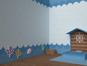 파란색 침대와 나무 바닥이 있는 어린이 방