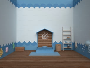 파란색과 흰색을 테마로 한 어린이 방