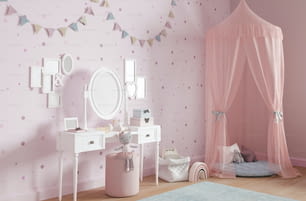um quarto de criança com uma cama de dossel rosa