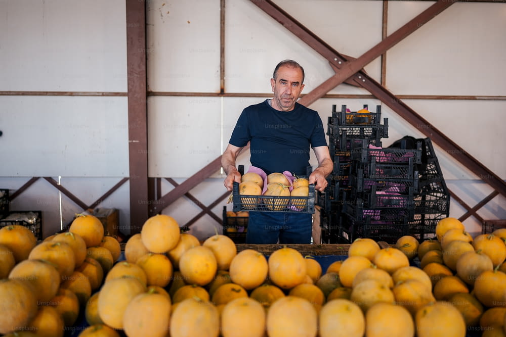 a man standing in front of a pile of oranges