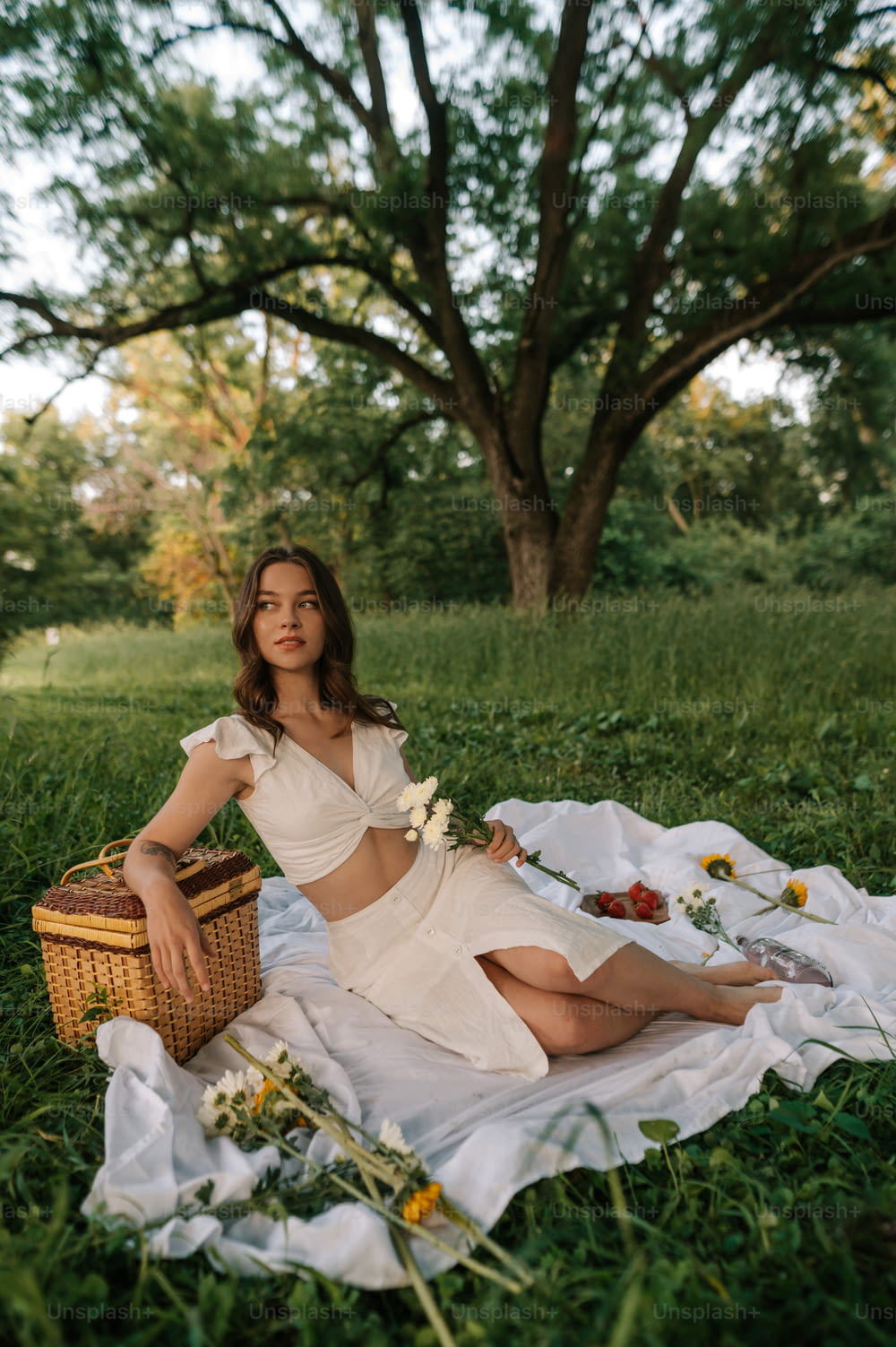a woman sitting on a blanket in the grass