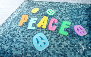 ein Pool mit einem Schild mit der Aufschrift "Frieden"