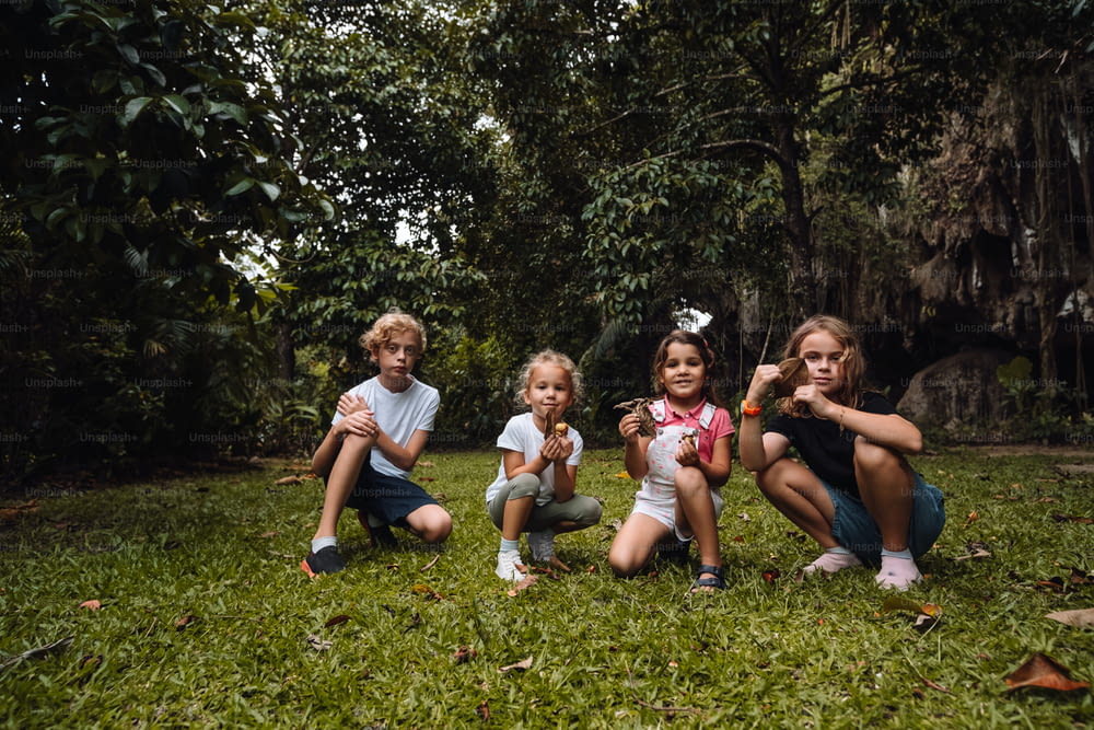 a group of young children sitting on top of a lush green field