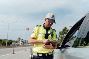 um policial parado ao lado de um carro segurando um tablet