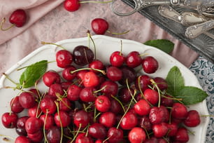 a white plate topped with lots of cherries