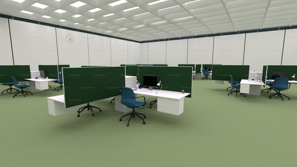 a room filled with lots of desks and chairs