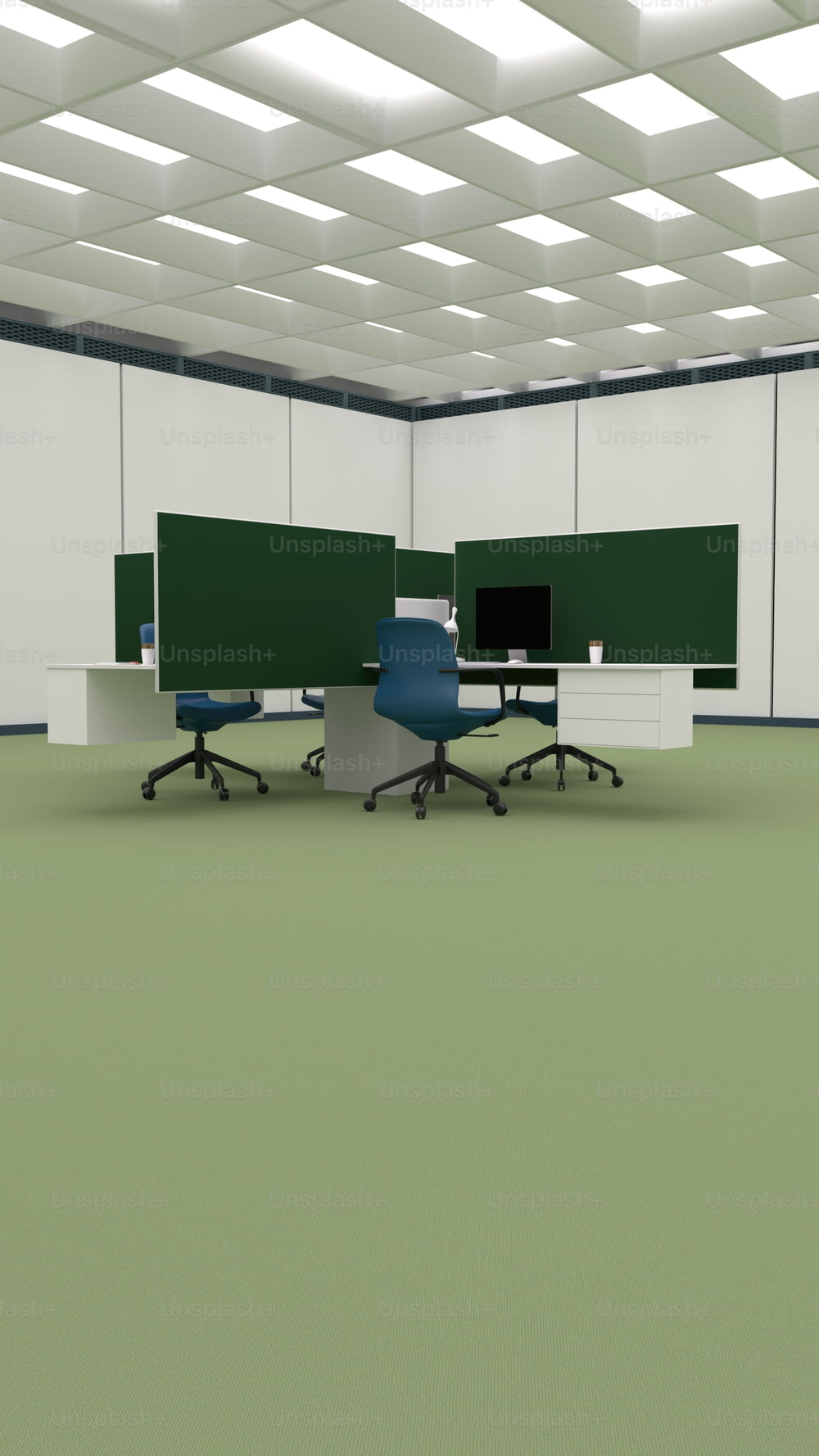 a room with two desks and a chair in it