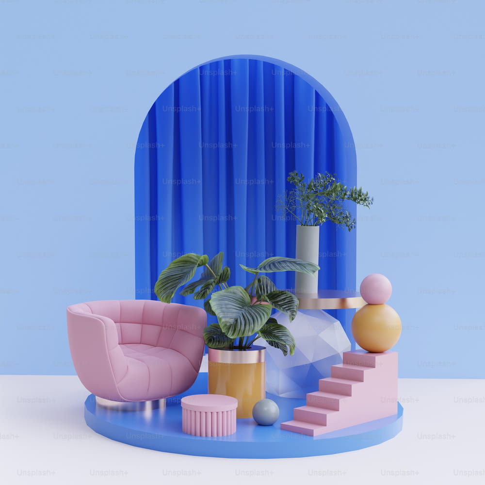 a living room with a pink chair and a blue curtain