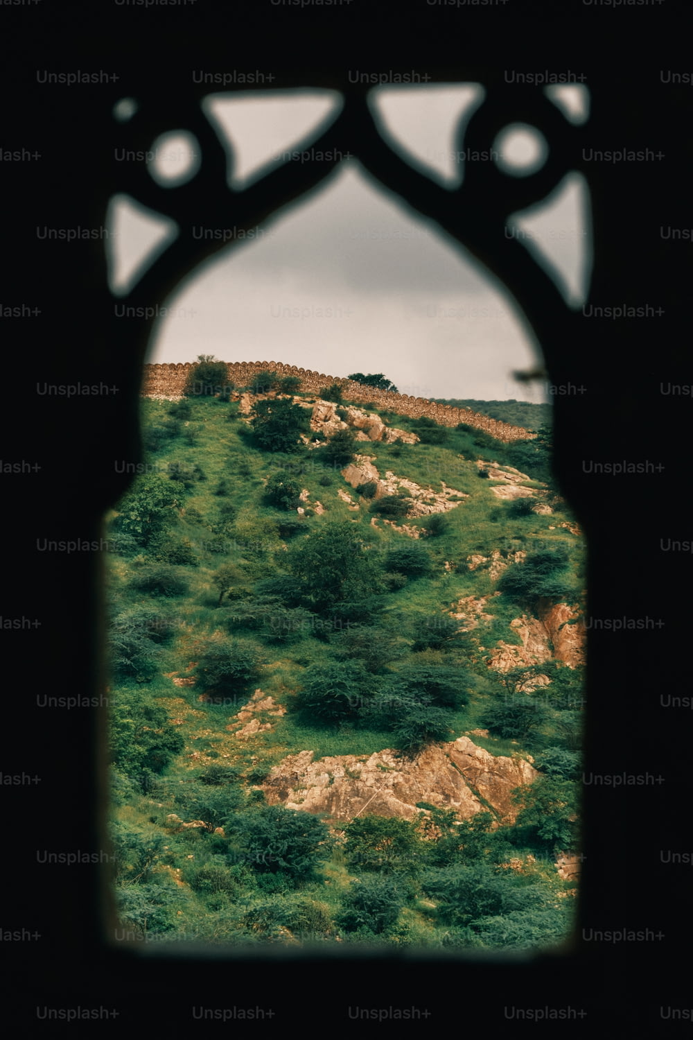 a view of a hill through a window