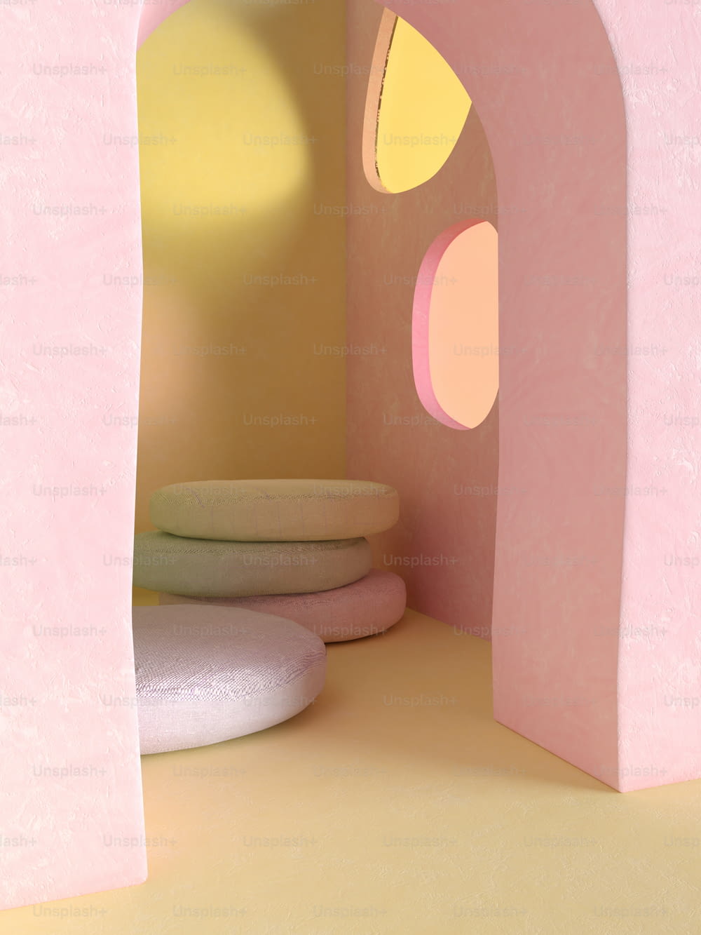 a pink and yellow room with a round object on the floor