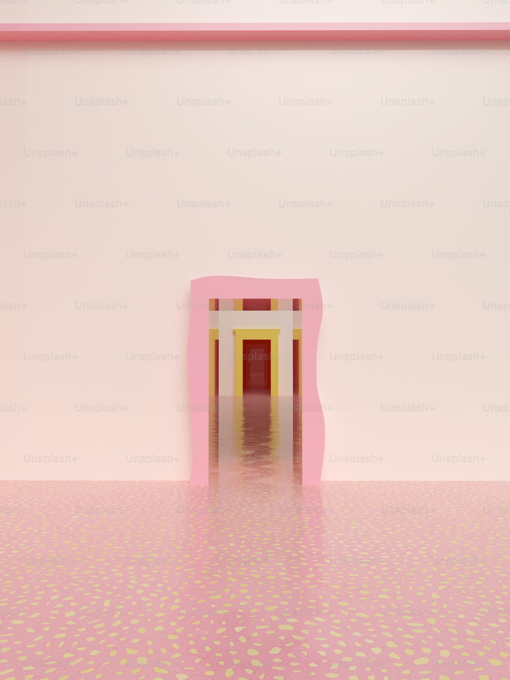 a room with a chair and a pink wall