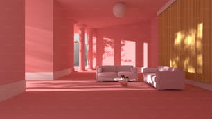 a living room with pink walls and furniture
