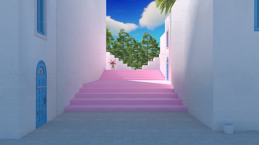 a pink staircase leading to a palm tree