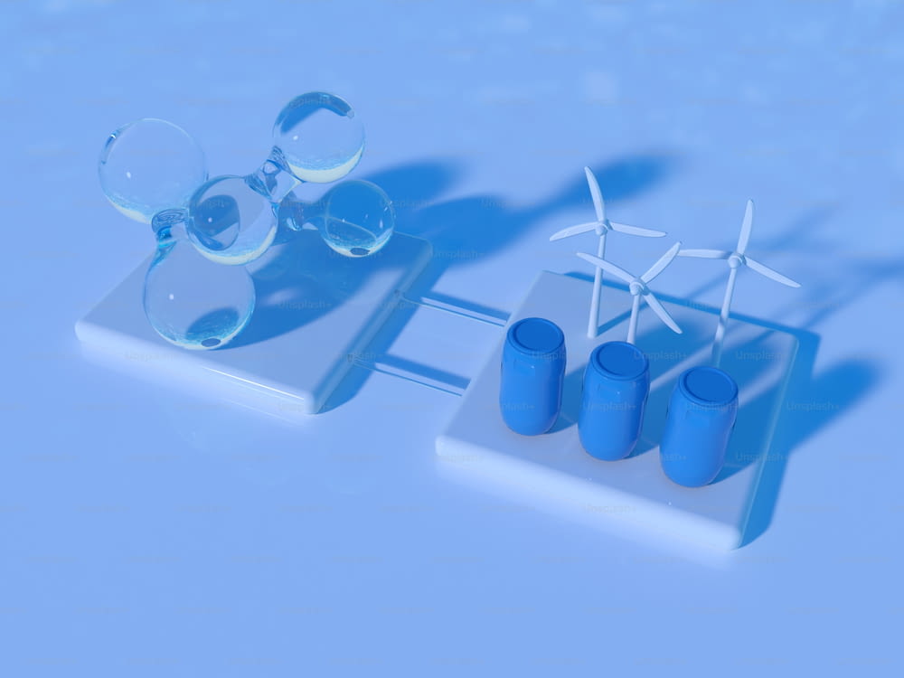 a group of blue objects sitting on top of a table