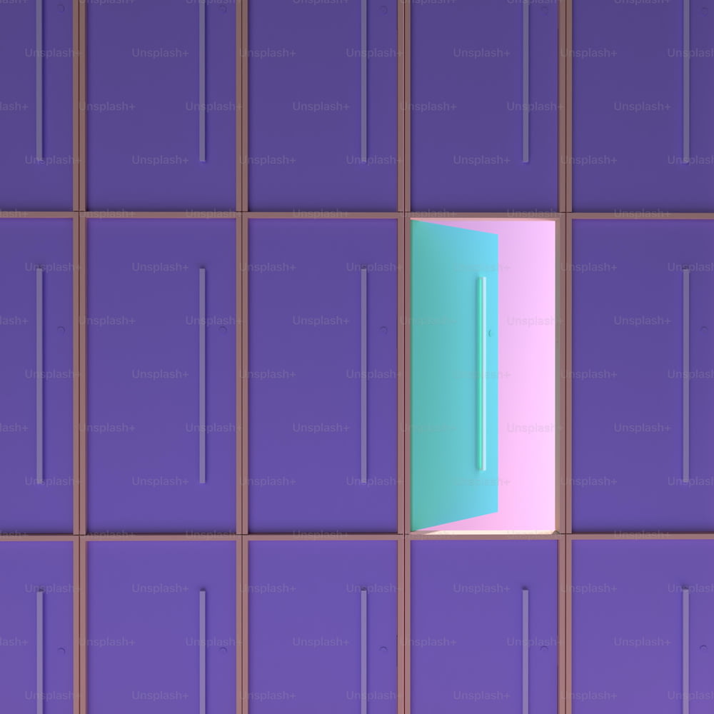 un mur violet avec une porte bleue
