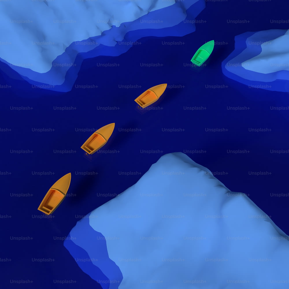 Un groupe de bateaux jaunes flottant au-dessus d’un plan d’eau