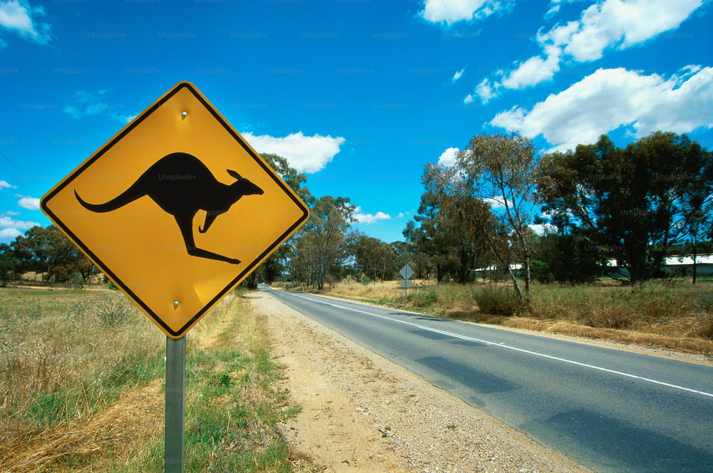 a yellow kangaroo crossing sign sitting on the side of a road