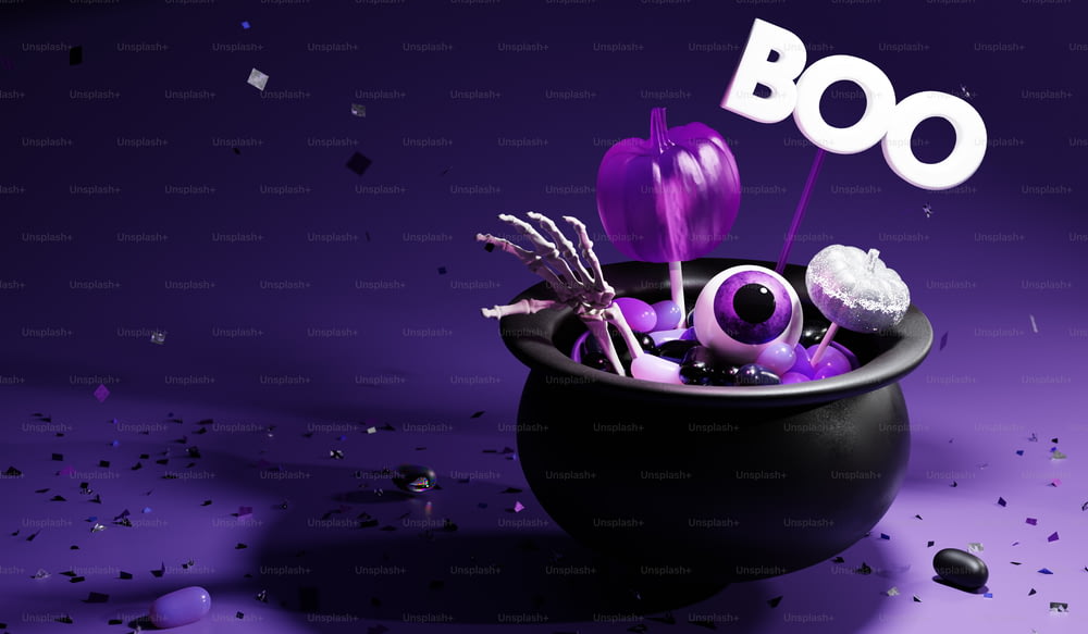 un bol noir rempli d’objets violets et blancs