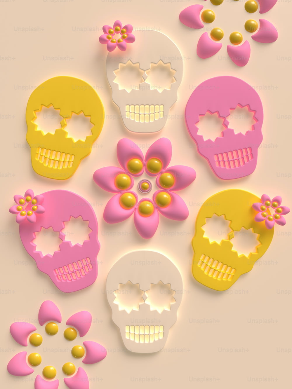 a bunch of fake skulls with flowers on them