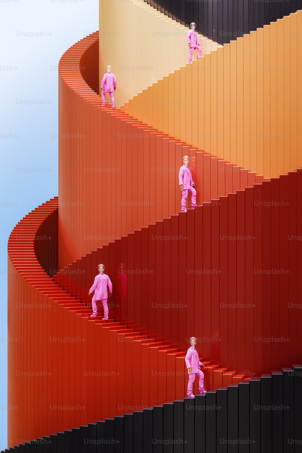 eine Gruppe von Menschen, die oben auf einer roten Treppe stehen