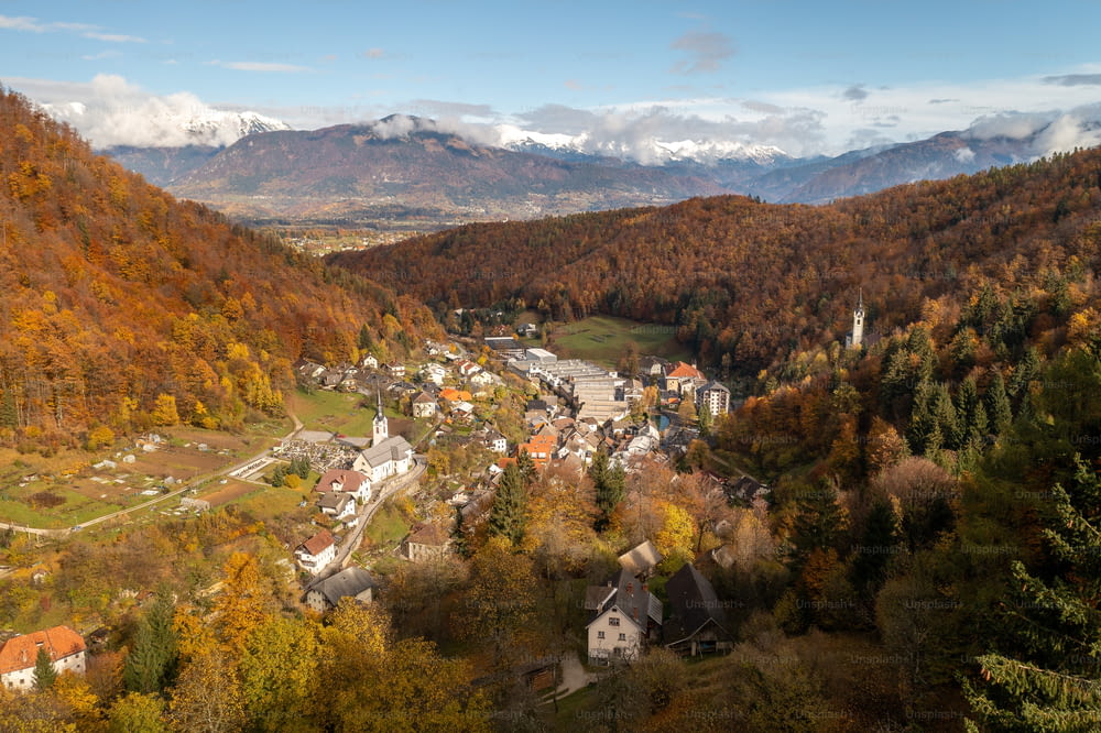 a small village nestled in a valley surrounded by mountains