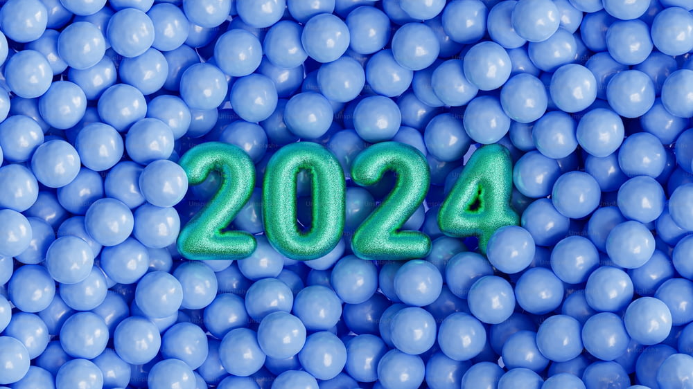 um monte de bolas azuis com um número verde no meio