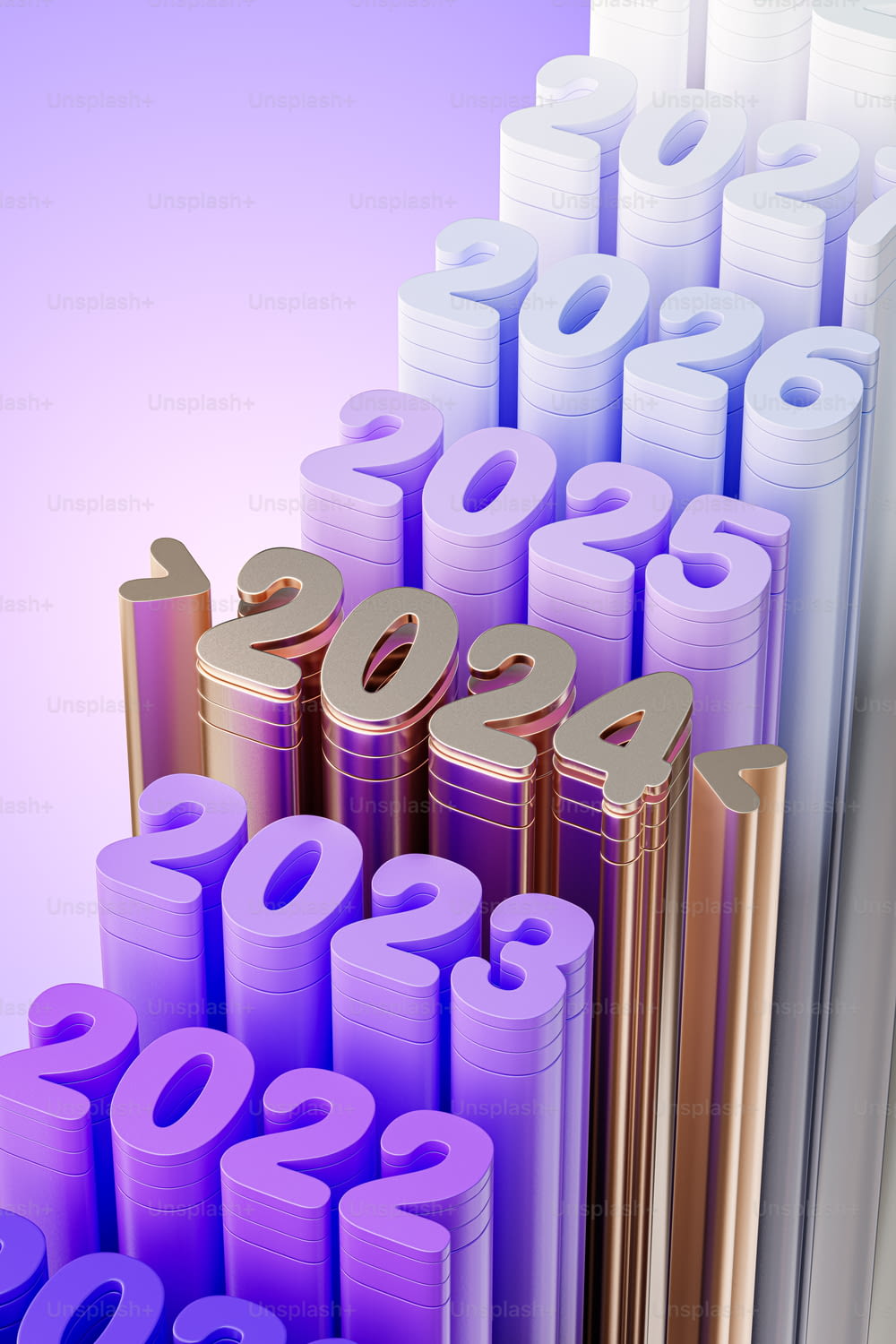 a pile of purple and gold numbers sitting next to each other