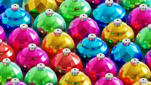 a large group of colorful christmas ornaments