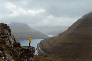a person in a yellow jacket standing on a cliff