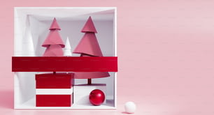 a red and white christmas tree in a white box