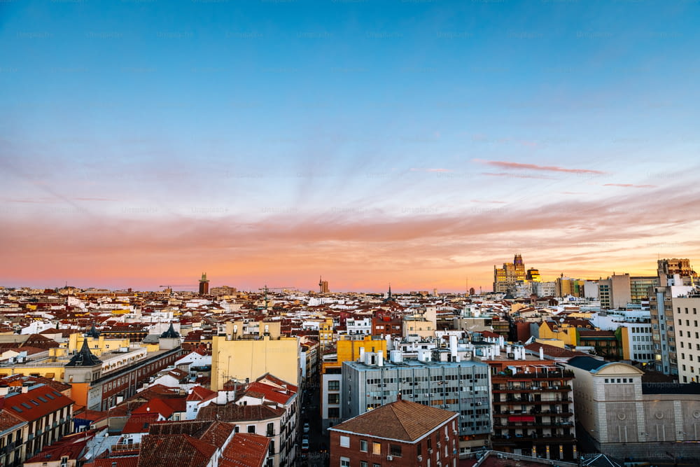 Aerial view of Madrid's skyline at dusk, with the Telefonica Building to be recognised in the background.