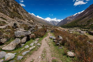 Old trade route in Himalaya surrounded with stones to Tibet from Chitkul village from Sangla Valley. Himachal Pradesh, India