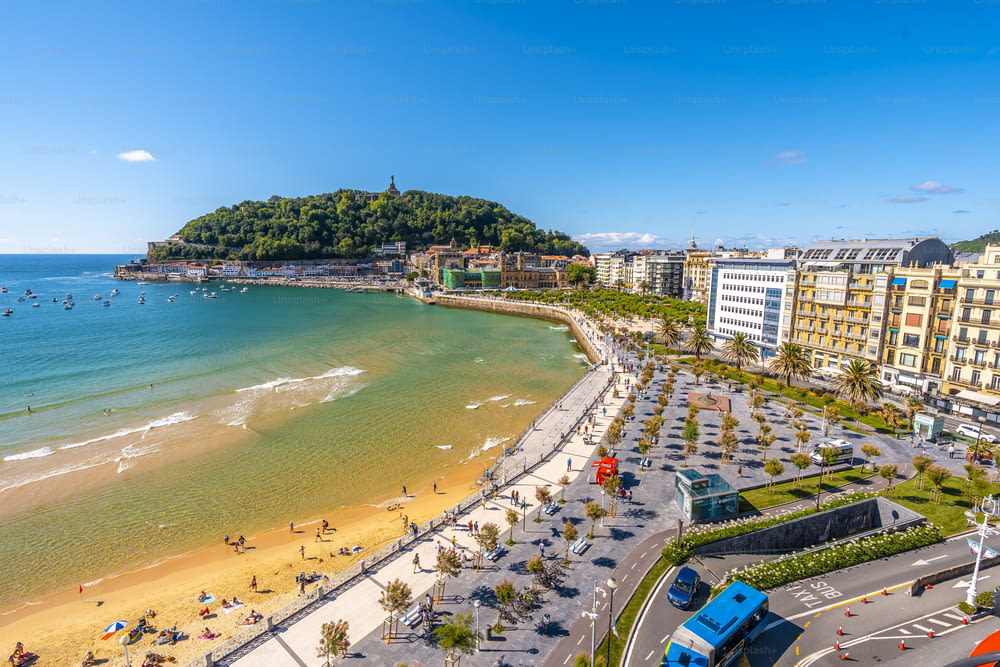 Aerial view of the beautiful La Concha beach in the city of San Sebastián in summer, Gipuzkoa. Spain