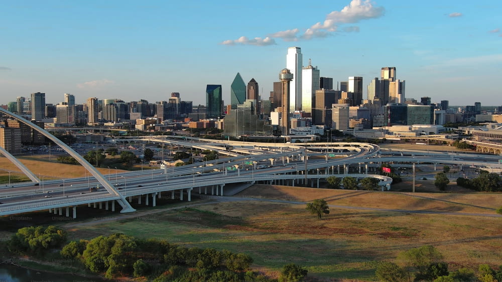 An aerial view of Dallas skyline with Margaret McDermott Bridge in Texas