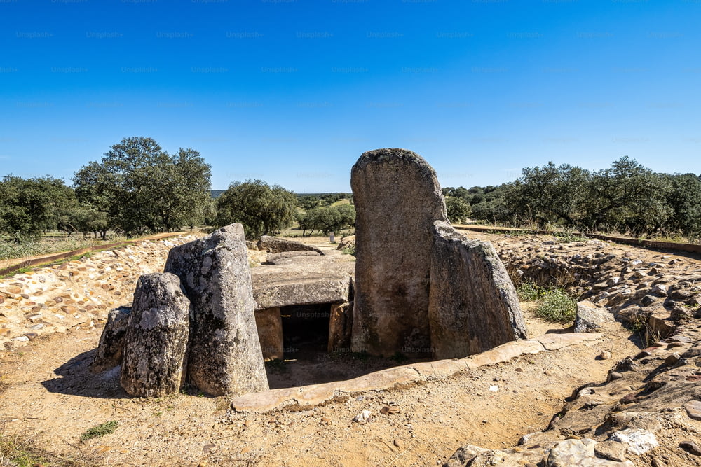 Dolmen of Lacara, funeral chamber. Ancient megalithic building near La Nava de Santiago, Extremadura. Spain