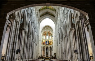A low angle shot of the beautiful altar in Catedral de la Almudena captured in Madrid, Spain