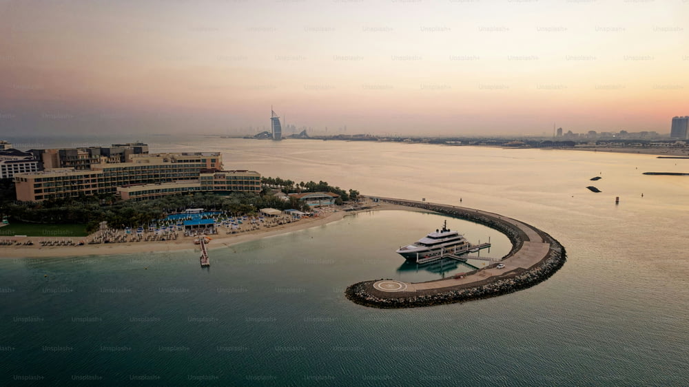 An aerial shot of The Palms islands at sunset in Dubai, United Arab Emirates.