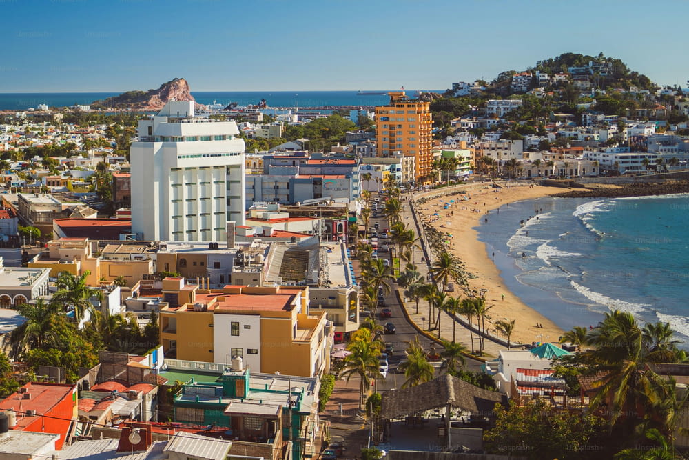 An aerial shot of a tourist attraction in Mazatlan with modern coastal buildings, Mexico