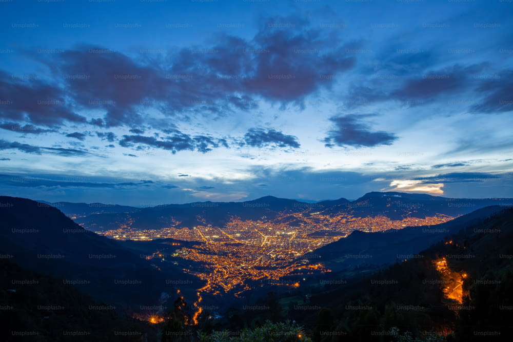 An aerial view of a city skyline at night, Medellin, Antioquia, Colombia