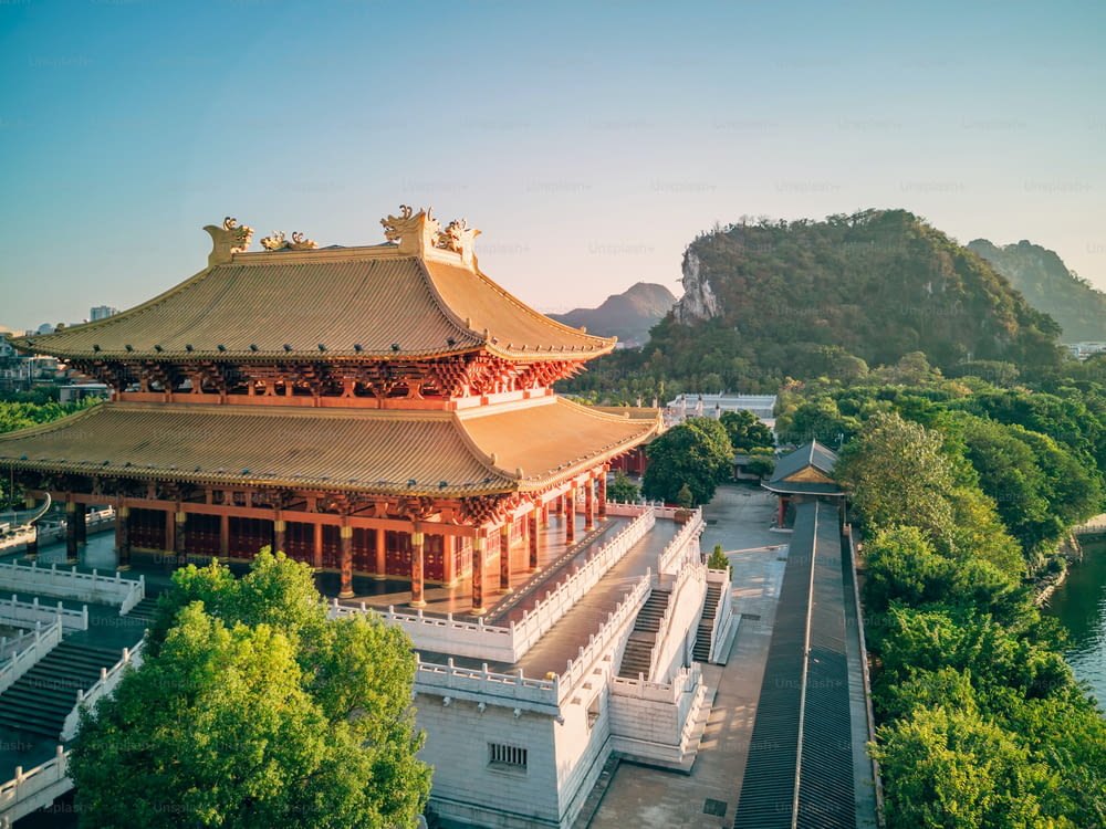 An aerial view of the Chinese-style palace buildings Confucius Temple in Liuzhou, Guangxi, China