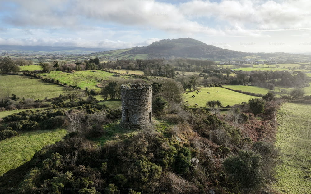 An aerial shot of the Jackson's Folly located in Forkhill, Armagh, Northern Ireland.
