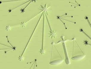 a green background with a balance scale and stars
