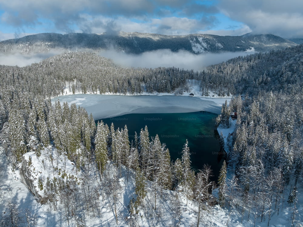 an aerial view of a lake surrounded by snow covered trees