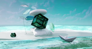 a computer generated image of a cube floating in the ocean
