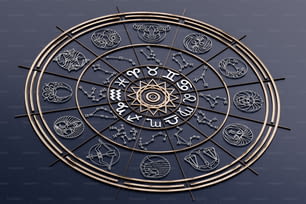 a gold and black clock with zodiac signs on it