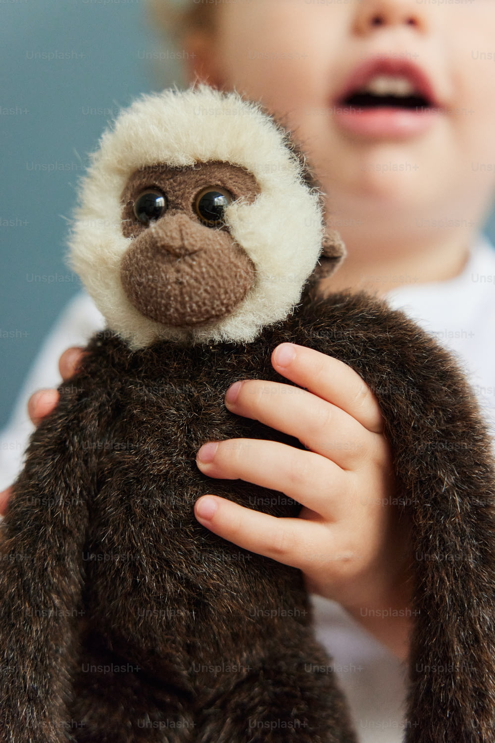 a little boy holding a stuffed monkey in his hands