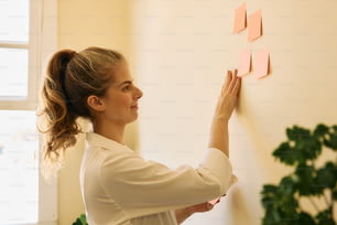 a woman in a white shirt is putting sticky notes on a wall